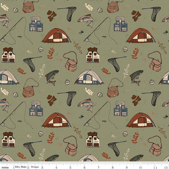Image of Designer Flannel Let's Wander Gone Fishing Sage flannel cotton fabric by Casey Cometti for Riley Blake Designs. Features camping gear on a green background. Cute Little Fabric Shop.