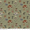 Image of Designer Flannel Let's Wander Gone Fishing Sage flannel cotton fabric by Casey Cometti for Riley Blake Designs. Features camping gear on a green background. Cute Little Fabric Shop.