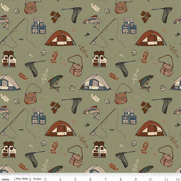 Image of Designer Flannel Let's Wander Gone Fishing Sage flannel cotton fabric by Casey Cometti for Riley Blake Designs. Features camping gear on a green background. Cute Little Fabric Shop.