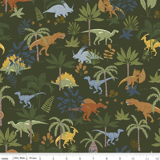 Image of Designer Flannel Cretaceous Jungle Dinos Forest flannel cotton fabric by Amanda Niederhauser for Riley Blake Designs. Features dinosaurs on a green background. Cute Little Fabric Shop