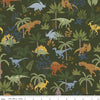 Image of Designer Flannel Cretaceous Jungle Dinos Forest flannel cotton fabric by Amanda Niederhauser for Riley Blake Designs. Features dinosaurs on a green background. Cute Little Fabric Shop