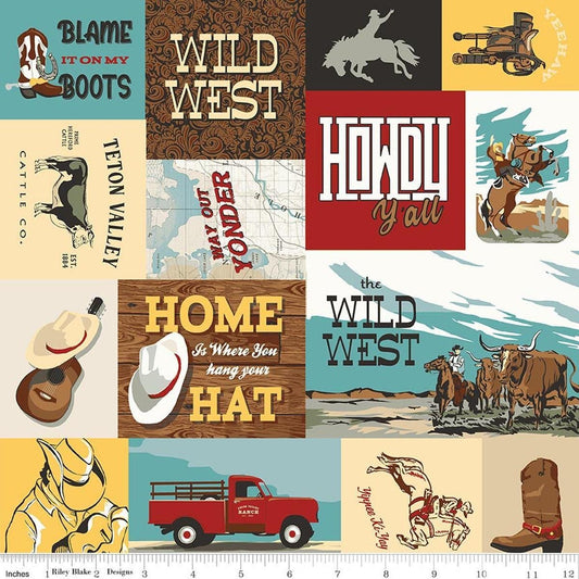 Image of Designer Flannel Cowboys Cowboy Multi flannel cotton fabric by Echo Park Paper Co for Riley Blake Designs. Features wild west motifs on a multi-colored background. Cute Little Fabric Shop.