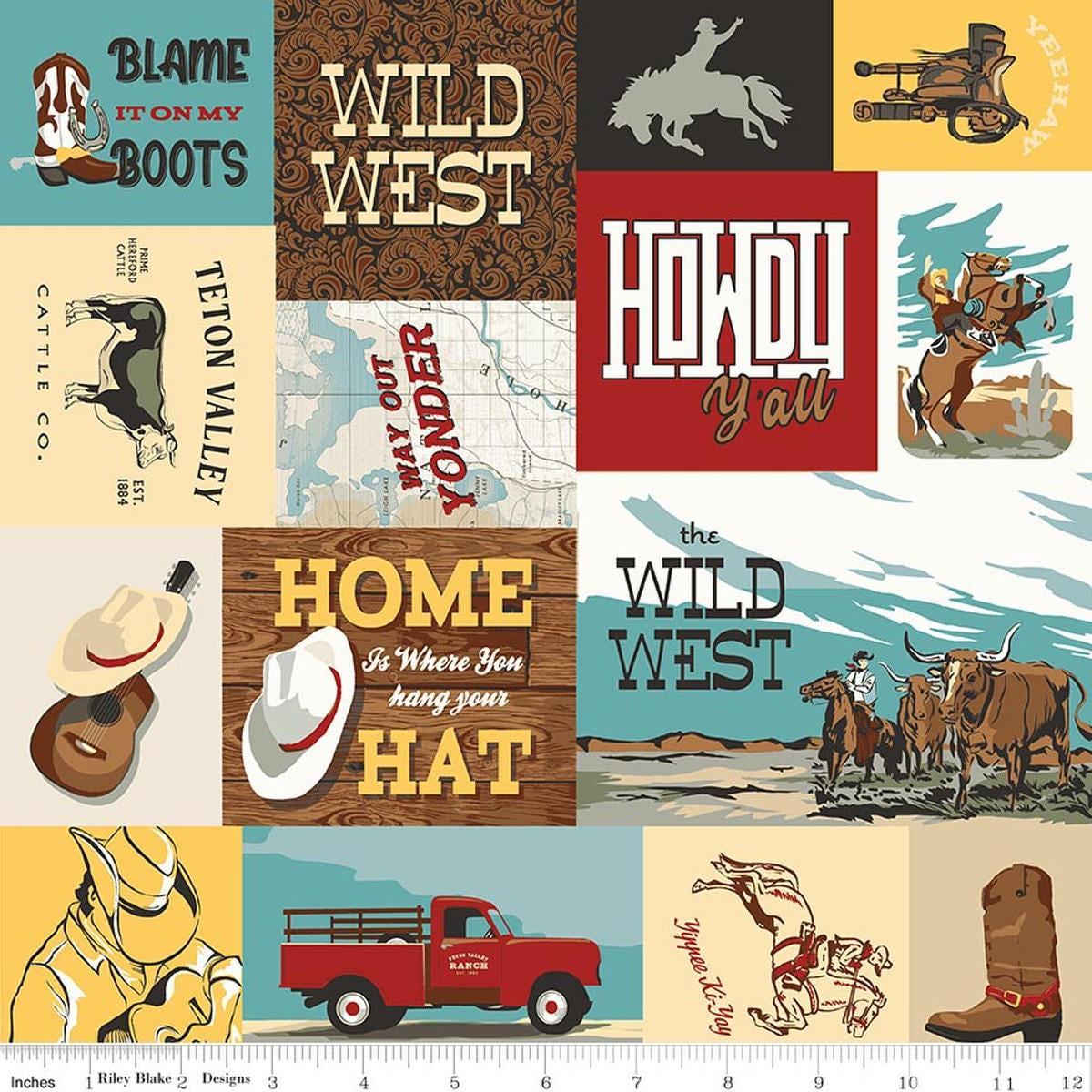 Image of Designer Flannel Cowboys Cowboy Multi flannel cotton fabric by Echo Park Paper Co for Riley Blake Designs. Features wild west motifs on a multi-colored background. Cute Little Fabric Shop.