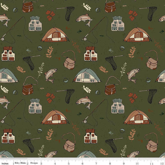Image of Designer Flannel Let's Wander Gone Fishing Forest flannel cotton fabric by Casey Cometti for Riley Blake Designs. Features camping gear on a green background. Cute Little Fabric Shop.