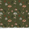 Image of Designer Flannel Let's Wander Gone Fishing Forest flannel cotton fabric by Casey Cometti for Riley Blake Designs. Features camping gear on a green background. Cute Little Fabric Shop.