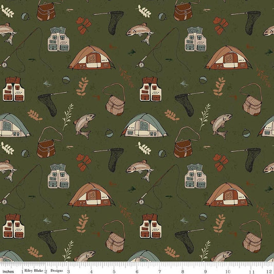 Image of Designer Flannel Let's Wander Gone Fishing Forest flannel cotton fabric by Casey Cometti for Riley Blake Designs. Features camping gear on a green background. Cute Little Fabric Shop.