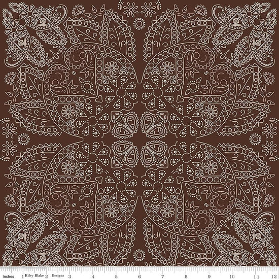 Image of Designer Flannel Cowboys Bandana Brown flannel cotton fabric by Echo Park Paper Co for Riley Blake Designs. Features paisley on a brown background. Cute Little Fabric Shop.