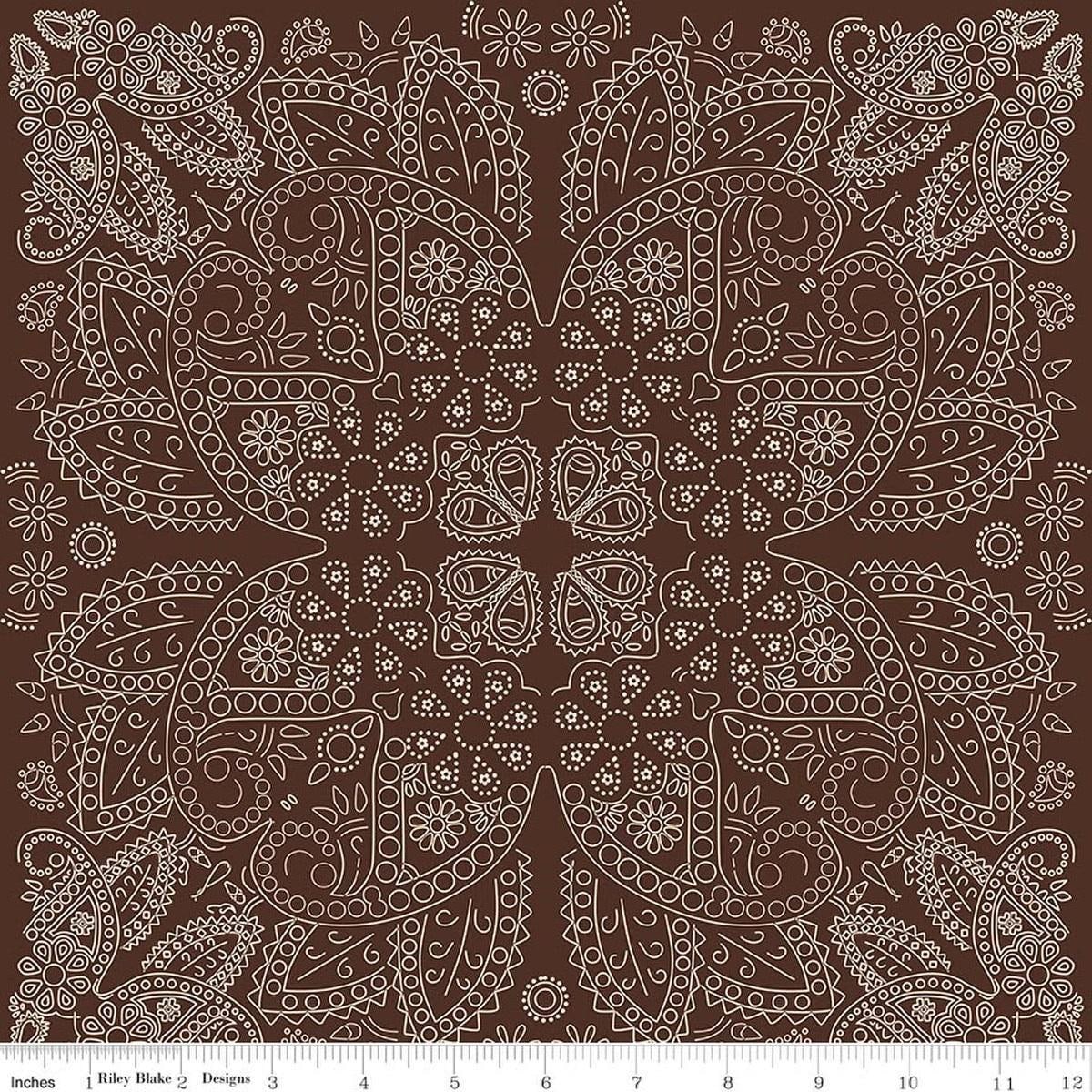 Image of Designer Flannel Cowboys Bandana Brown flannel cotton fabric by Echo Park Paper Co for Riley Blake Designs. Features paisley on a brown background. Cute Little Fabric Shop.