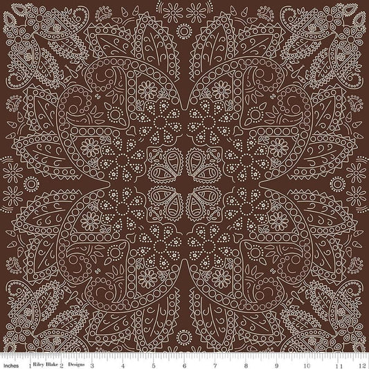 Image of Designer Flannel Cowboys Bandana Brown flannel cotton fabric by Echo Park Paper Co for Riley Blake Designs. Features paisley on a brown background. Cute Little Fabric Shop.
