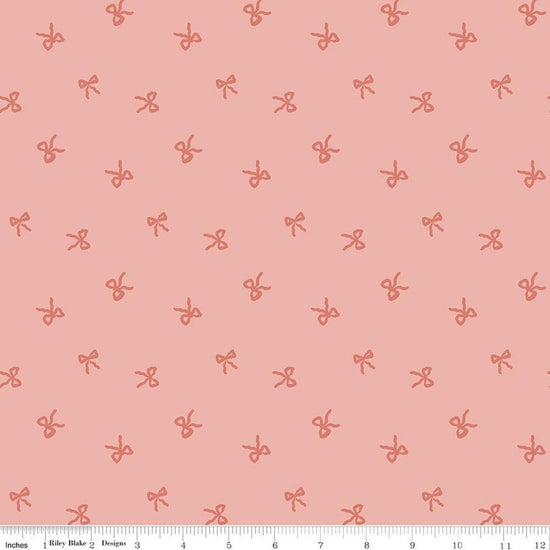 Image of Designer Flannel Sweet Cotton Tales Bows Pink quilting cotton fabric by Little Forest Atelier for RIley Blake Designs. Features bows on a pink background. Cute Little Fabric Shop.