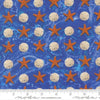 Image of Saltwater Sandy Beach Ocean quilting cotton fabric by Cathe Holden for Moda Fabrics. Features seashells and starfish on a blue background. Cute Little Fabric Shop.