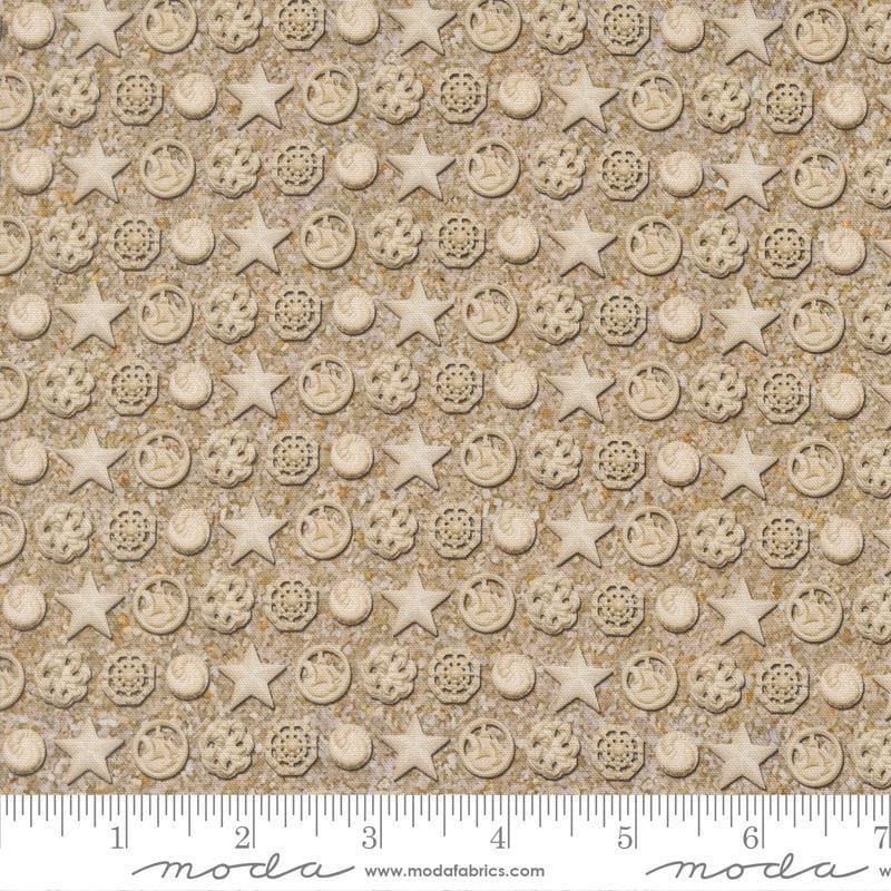 Image of Saltwater The White Pearl Sand quilting cotton fabric by Cathe Holden for Moda Fabrics. Features seashells on a beige background. Cute Little Fabric Shop.