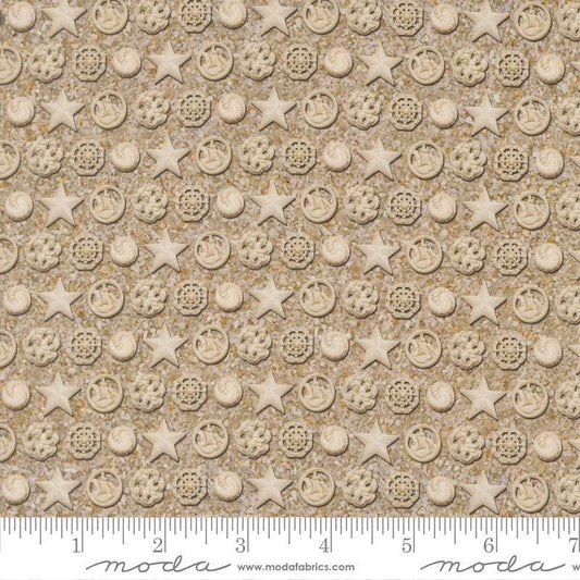 Image of Saltwater The White Pearl Sand quilting cotton fabric by Cathe Holden for Moda Fabrics. Features seashells on a beige background. Cute Little Fabric Shop.