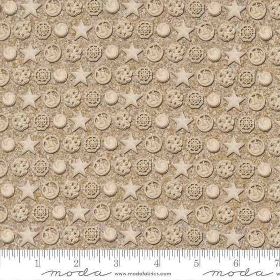 Image of Saltwater The White Pearl Sand quilting cotton fabric by Cathe Holden for Moda Fabrics. Features seashells on a beige background. Cute Little Fabric Shop.
