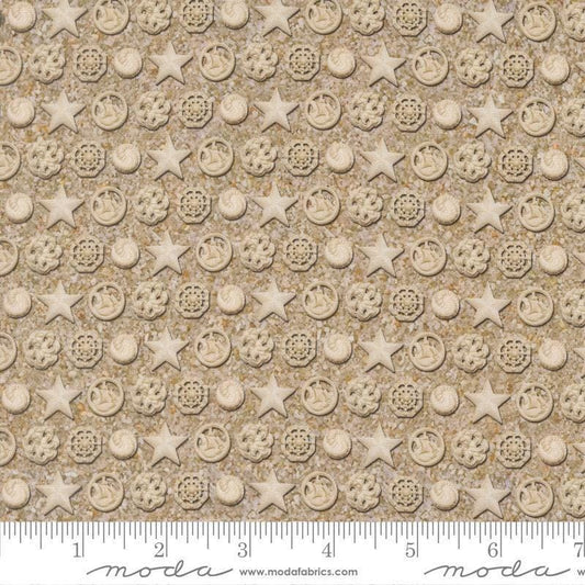 Image of Saltwater The White Pearl Sand quilting cotton fabric by Cathe Holden for Moda Fabrics. Features seashells on a beige background. Cute Little Fabric Shop.