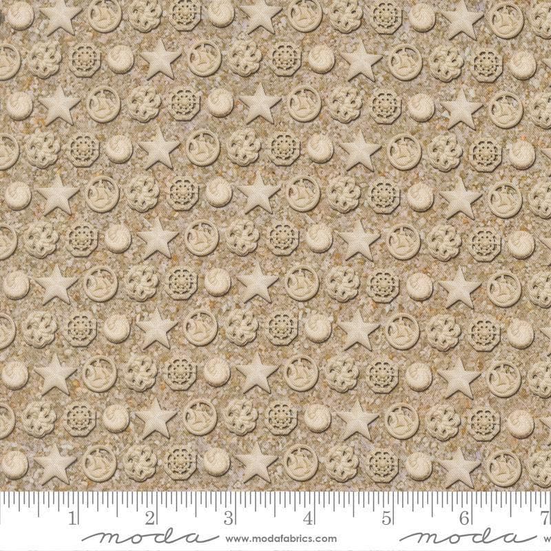 Image of Saltwater The White Pearl Sand quilting cotton fabric by Cathe Holden for Moda Fabrics. Features seashells on a beige background. Cute Little Fabric Shop.