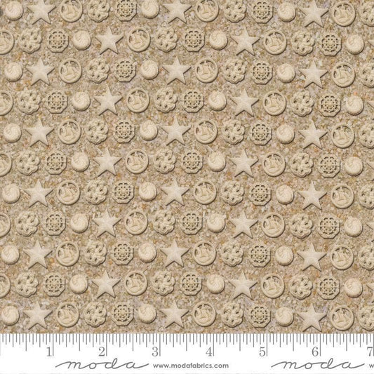 Image of Saltwater The White Pearl Sand quilting cotton fabric by Cathe Holden for Moda Fabrics. Features seashells on a beige background. Cute Little Fabric Shop.