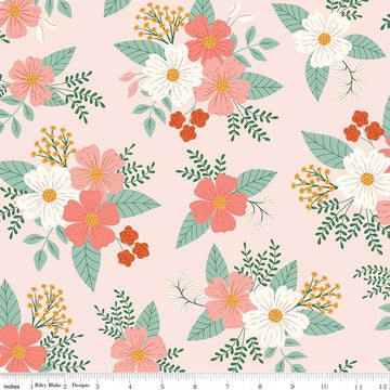 Image of Designer Flannel Meadow Moments Floral Pink flannel cotton fabric by Sandra Nygard-Parthoens for Riley Blake Designs. Features flowers on a pink background. Cute Little Fabric Shop.