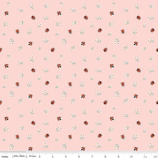 Image of Designer Flannel Meadow Moments Ladybugs Pink flannel cotton fabric by Sandra Nygard-Partheons for Riley Blake Designs. Features ladybugs and flowers on a pink background. Cute Little Fabric Shop.