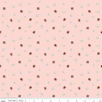 Image of Designer Flannel Meadow Moments Ladybugs Pink flannel cotton fabric by Sandra Nygard-Partheons for Riley Blake Designs. Features ladybugs and flowers on a pink background. Cute Little Fabric Shop.