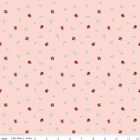 Image of Designer Flannel Meadow Moments Ladybugs Pink flannel cotton fabric by Sandra Nygard-Partheons for Riley Blake Designs. Features ladybugs and flowers on a pink background. Cute Little Fabric Shop.