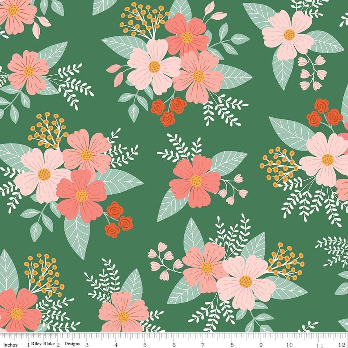 Image of Designer Flannel Meadow Moments Floral Green flannel cotton fabric by Sandra Nygard-Parthoens for Riley Blake Designs. Features flowers on a green background. Cute Little Fabric Shop.