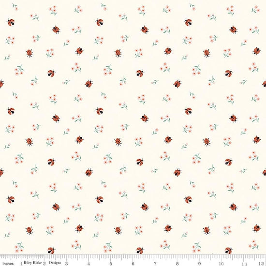 Image of Designer Flannel Meadow Moments Ladybugs Cream flannel cotton fabric by Sandra Nygard-Parthoens for Riley Blake Designs. Features ladybugs and flowers on a cream background. Cute Little Fabric Shop.