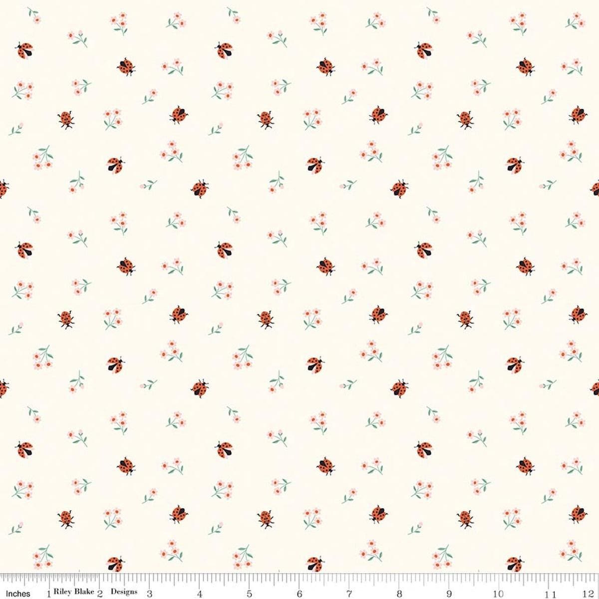 Image of Designer Flannel Meadow Moments Ladybugs Cream flannel cotton fabric by Sandra Nygard-Parthoens for Riley Blake Designs. Features ladybugs and flowers on a cream background. Cute Little Fabric Shop.