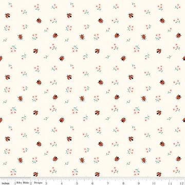 Image of Designer Flannel Meadow Moments Ladybugs Cream flannel cotton fabric by Sandra Nygard-Parthoens for Riley Blake Designs. Features ladybugs and flowers on a cream background. Cute Little Fabric Shop.