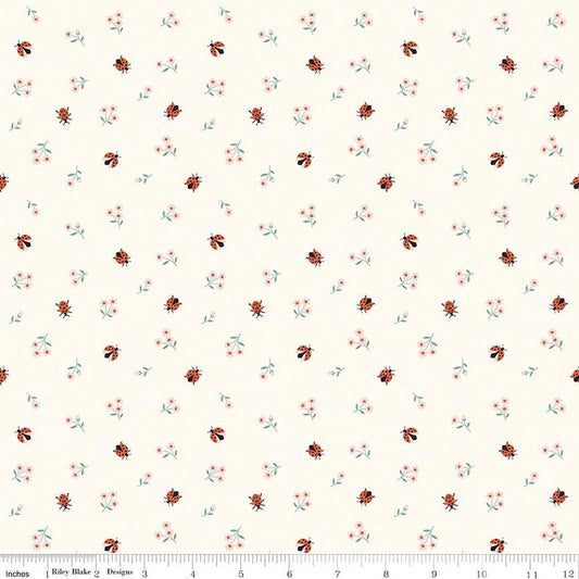 Image of Designer Flannel Meadow Moments Ladybugs Cream flannel cotton fabric by Sandra Nygard-Parthoens for Riley Blake Designs. Features ladybugs and flowers on a cream background. Cute Little Fabric Shop.