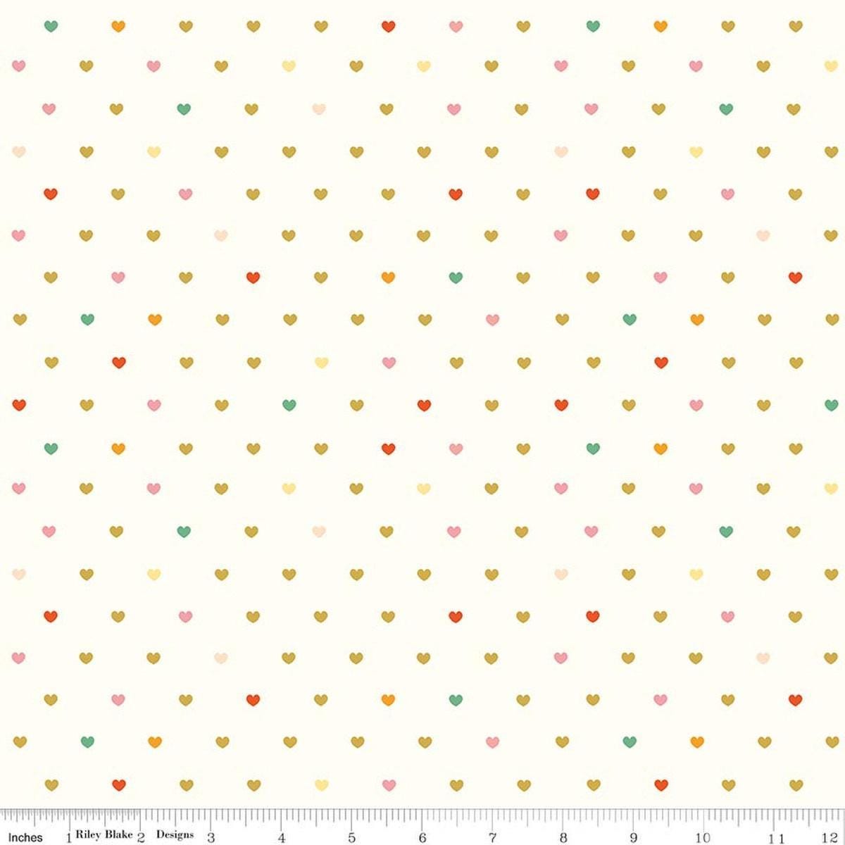 Image of Designer Flannel Meadow Serendipity 2 Hearts Cream flannel cotton fabric by Minki Kim for Riley Blake Designs. Features hearts on a cream background. Cute Little Fabric Shop.