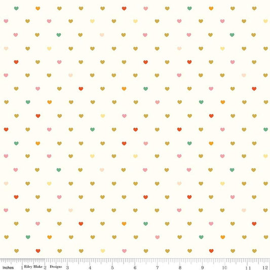 Image of Designer Flannel Meadow Serendipity 2 Hearts Cream flannel cotton fabric by Minki Kim for Riley Blake Designs. Features hearts on a cream background. Cute Little Fabric Shop.