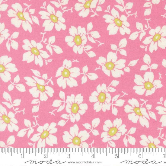 Image of Summers End Cosmos Lilac quilting cotton fabric by Fig Tree Co for Moda Fabrics. Features flowers on a pink background. Cute Little Fabric Shop.