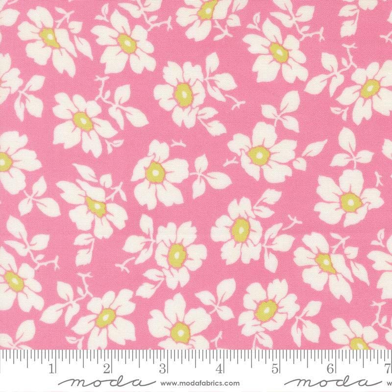 Image of Summers End Cosmos Lilac quilting cotton fabric by Fig Tree Co for Moda Fabrics. Features flowers on a pink background. Cute Little Fabric Shop.