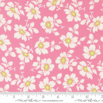 Image of Summers End Cosmos Lilac quilting cotton fabric by Fig Tree Co for Moda Fabrics. Features flowers on a pink background. Cute Little Fabric Shop.