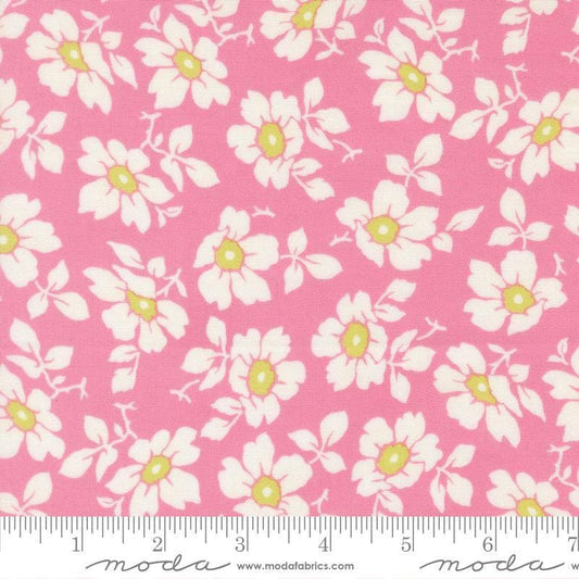 Image of Summers End Cosmos Lilac quilting cotton fabric by Fig Tree Co for Moda Fabrics. Features flowers on a pink background. Cute Little Fabric Shop.