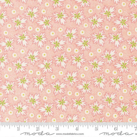 Image of Summers End Geranium Cloud quilting cotton fabric by Fig Tree Co for Moda Fabrics. Features leaves on a pink background. Cute Little Fabric Shop.