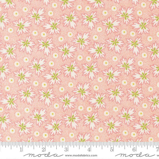 Image of Summers End Geranium Cloud quilting cotton fabric by Fig Tree Co for Moda Fabrics. Features leaves on a pink background. Cute Little Fabric Shop.
