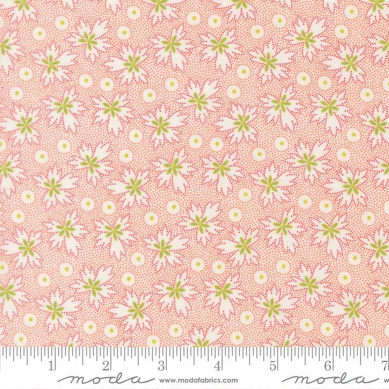 Image of Summers End Geranium Cloud quilting cotton fabric by Fig Tree Co for Moda Fabrics. Features leaves on a pink background. Cute Little Fabric Shop.