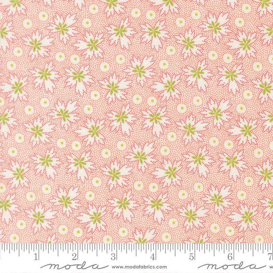 Image of Summers End Geranium Cloud quilting cotton fabric by Fig Tree Co for Moda Fabrics. Features leaves on a pink background. Cute Little Fabric Shop.