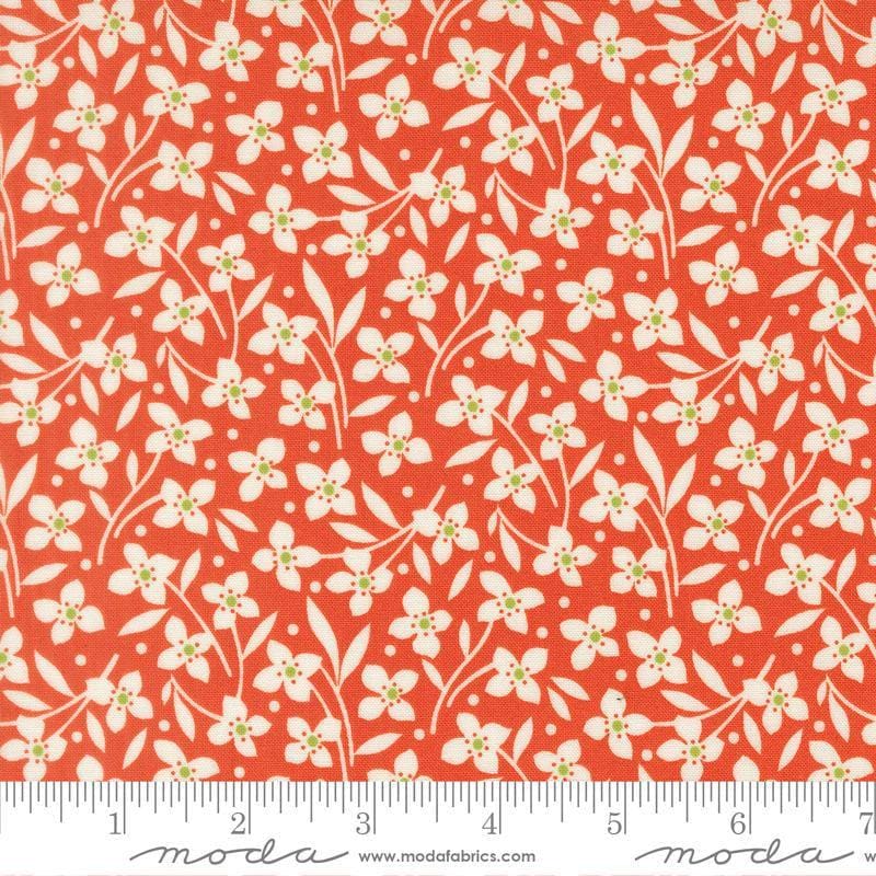 Image of Summers End Florals Persimmon quilting cotton fabric by Fig Tree Co for Moda Fabrics. Features flowers on a red background. Cute Little Fabric Shop.