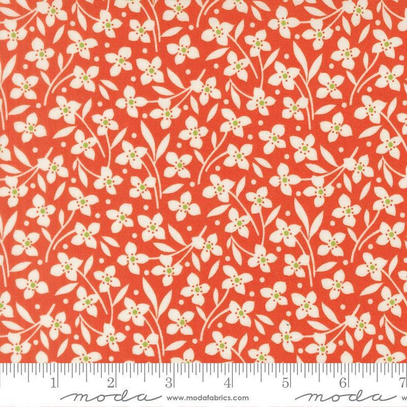 Image of Summers End Florals Persimmon quilting cotton fabric by Fig Tree Co for Moda Fabrics. Features flowers on a red background. Cute Little Fabric Shop.