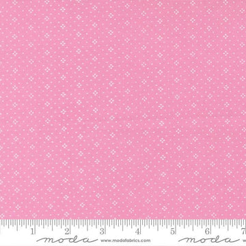 Image of Summers End Eyelet Lilac quilting cotton fabric by Fig Tree Co for Moda Fabrics. Features dots on a pink background. Cute Little Fabric Shop.