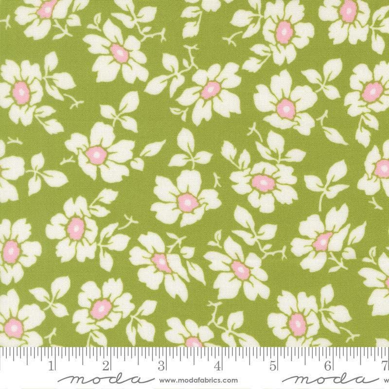 Image of Summers End Cosmos Clover quilting cotton fabric by Fig Tree Co for Moda Fabrics. Features flowers on a green background. Cute Little Fabric Shop.
