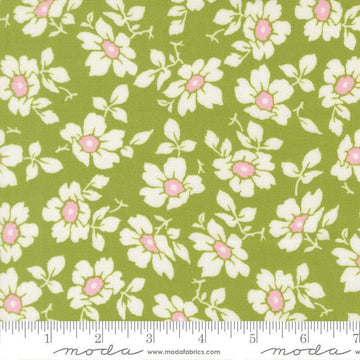 Image of Summers End Cosmos Clover quilting cotton fabric by Fig Tree Co for Moda Fabrics. Features flowers on a green background. Cute Little Fabric Shop.