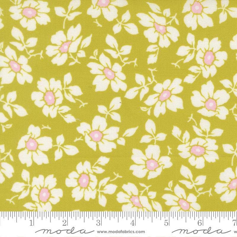 Image of Summers End Cosmos Grass quilting cotton fabric by Fig Tree Co for Moda Fabrics. Features flowers on a green background. Cute Little Fabric Shop.