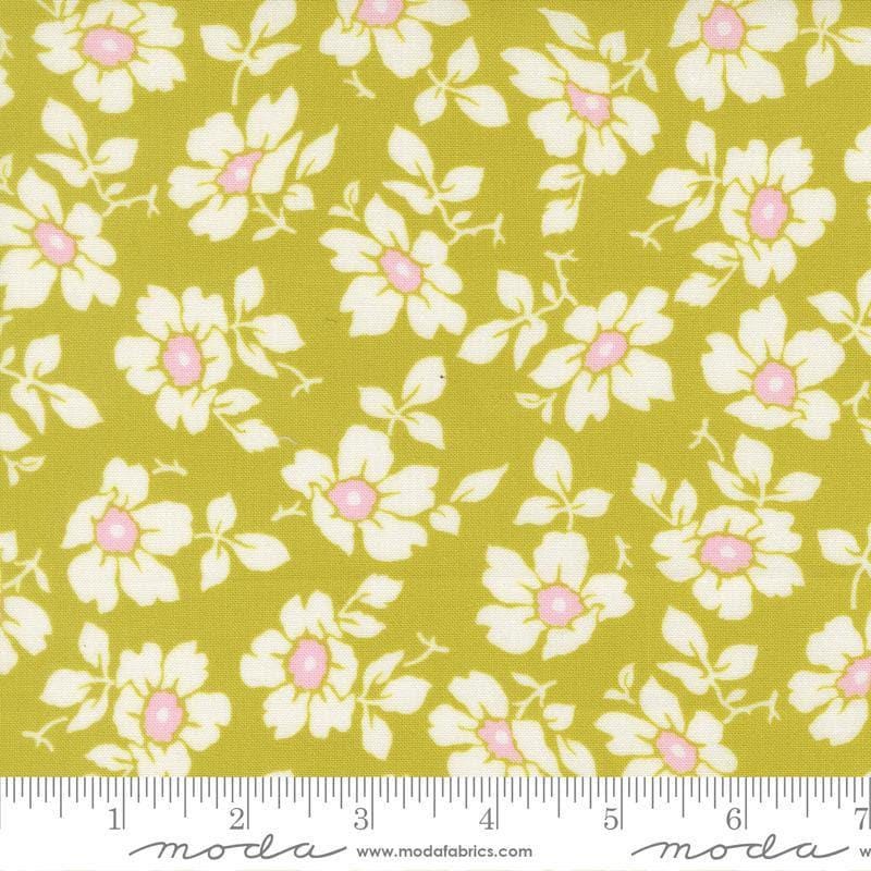 Image of Summers End Cosmos Grass quilting cotton fabric by Fig Tree Co for Moda Fabrics. Features flowers on a green background. Cute Little Fabric Shop.