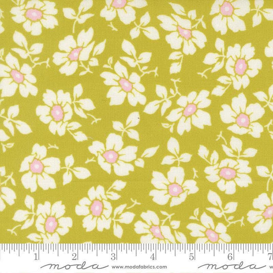 Image of Summers End Cosmos Grass quilting cotton fabric by Fig Tree Co for Moda Fabrics. Features flowers on a green background. Cute Little Fabric Shop.
