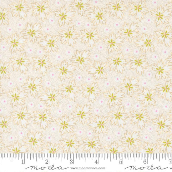 Image of Summers End Geranium Almond Pie quilting cotton fabric by Fig Tree Co for Moda Fabrics. Features flowers on a cream background. Cute Little Fabric Shop.
