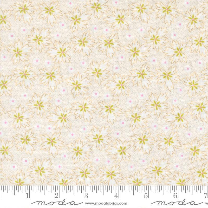 Image of Summers End Geranium Almond Pie quilting cotton fabric by Fig Tree Co for Moda Fabrics. Features flowers on a cream background. Cute Little Fabric Shop.